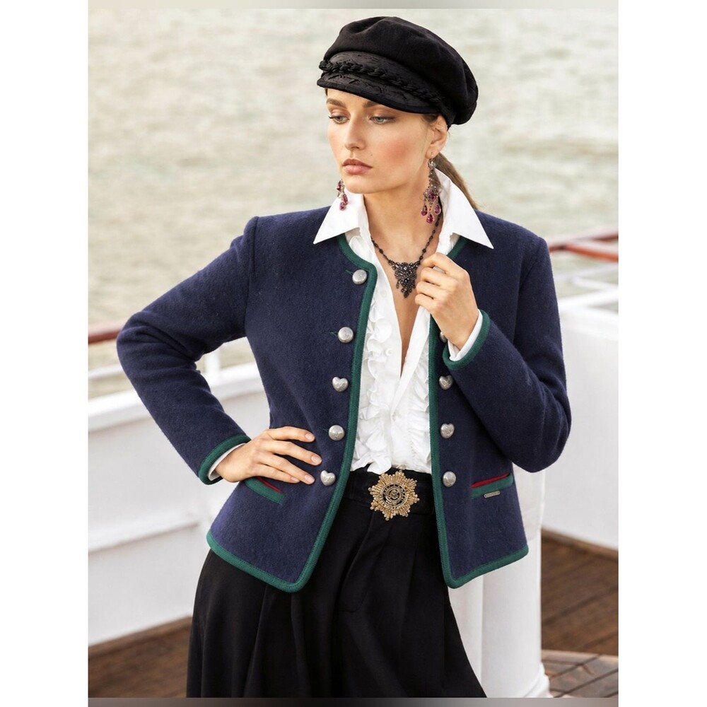 Geiger Salzburg boiled wool Blue jacket  Green Trim Gold Buttons Sz 40 (10) Chic